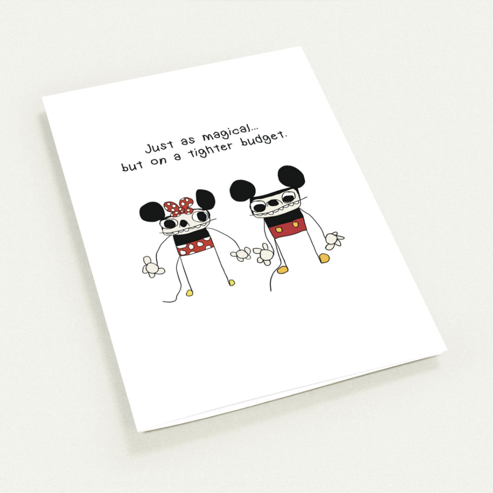 Card with cartoon characters and humorous text on a white background