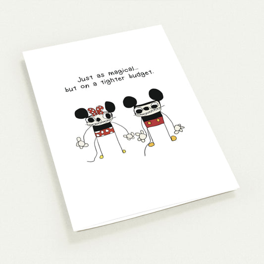 Card with cartoon characters and humorous text on a white background