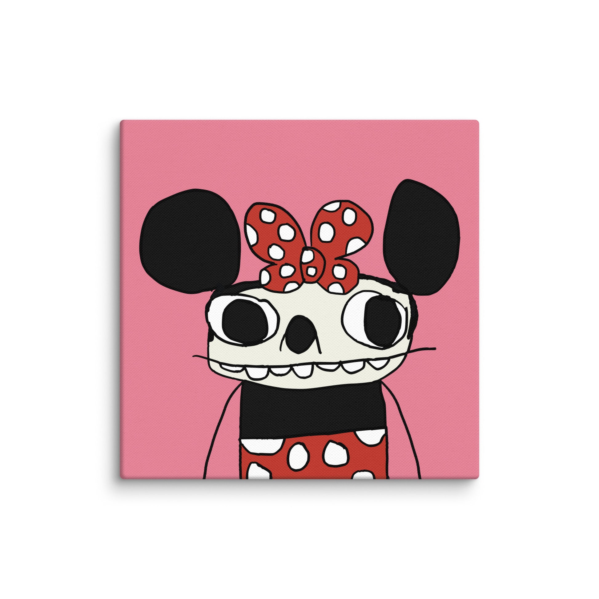 Cartoon character with black ears and a red bow on a pink background